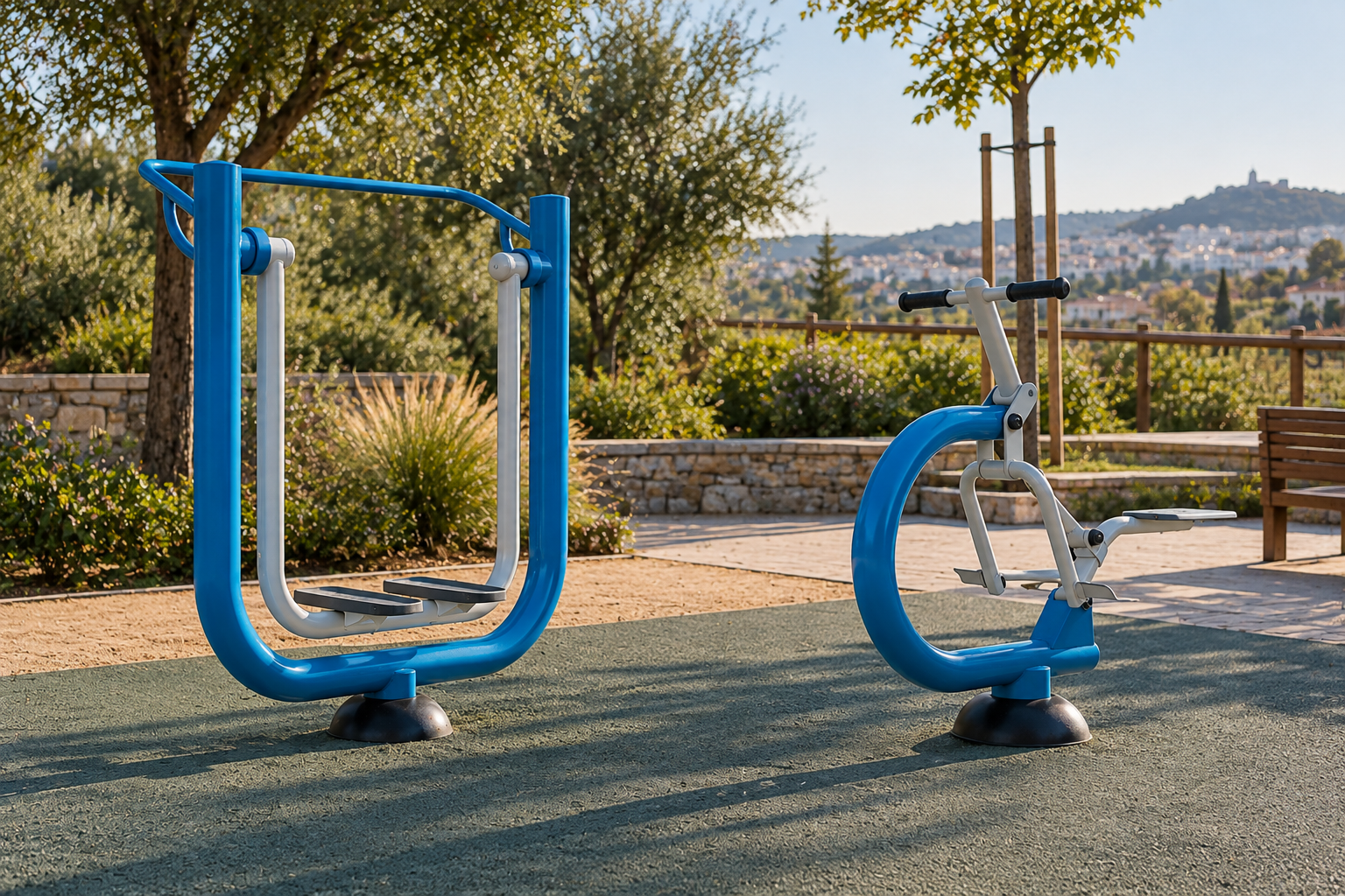 Aparatos de gimnasio al aire libre para ejercicios de piernas en parque