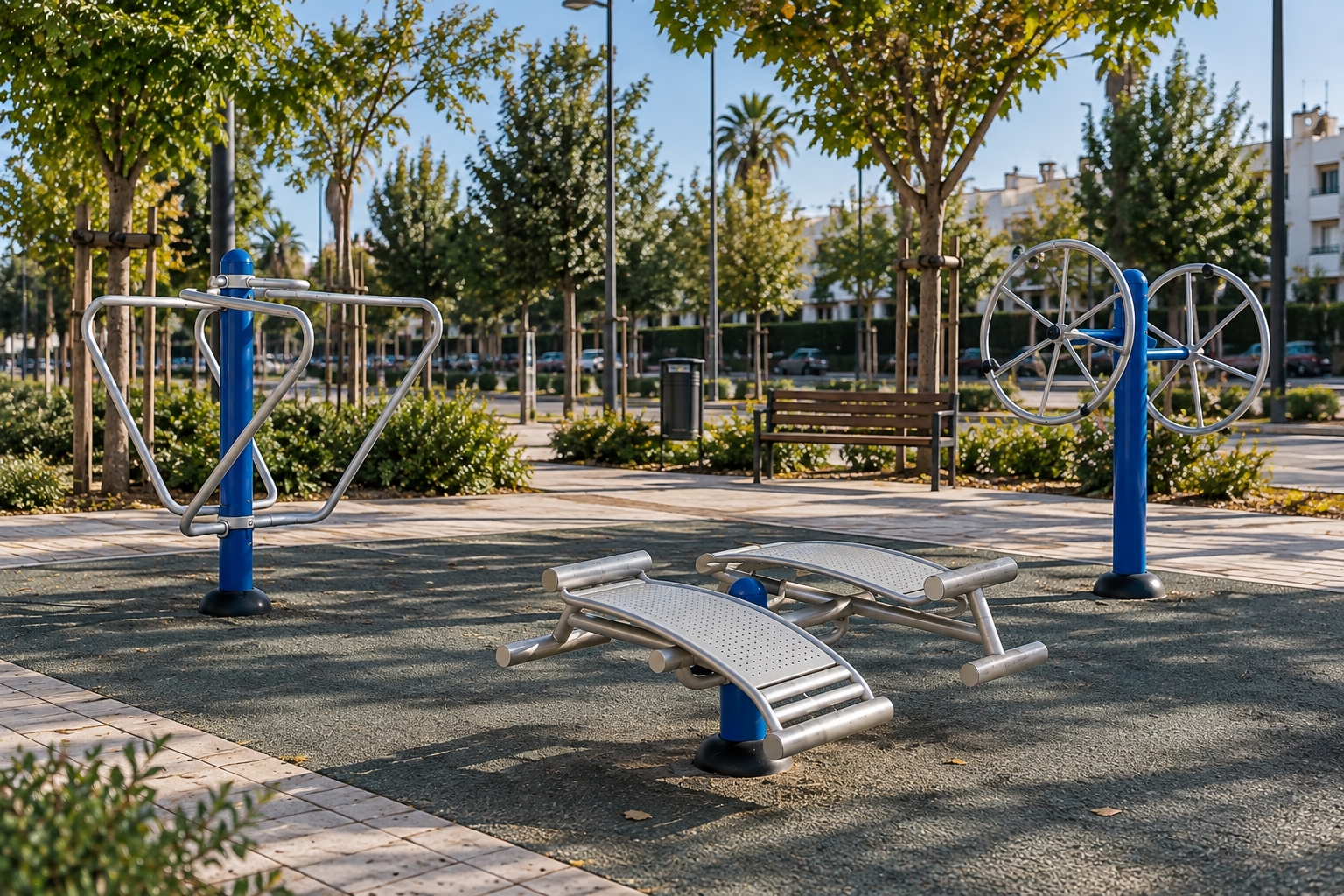 Parque con aparatos biosaludables y gimnasio al aire libre