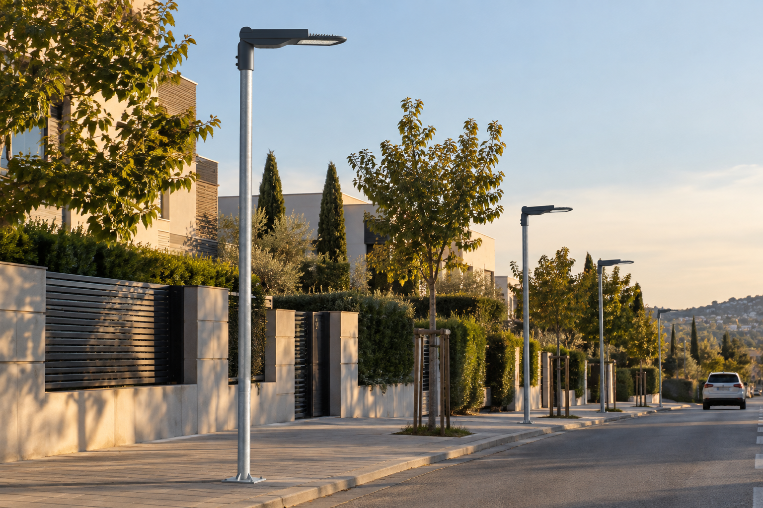 Farola galvanizada LED instalada en una urbanización residencial