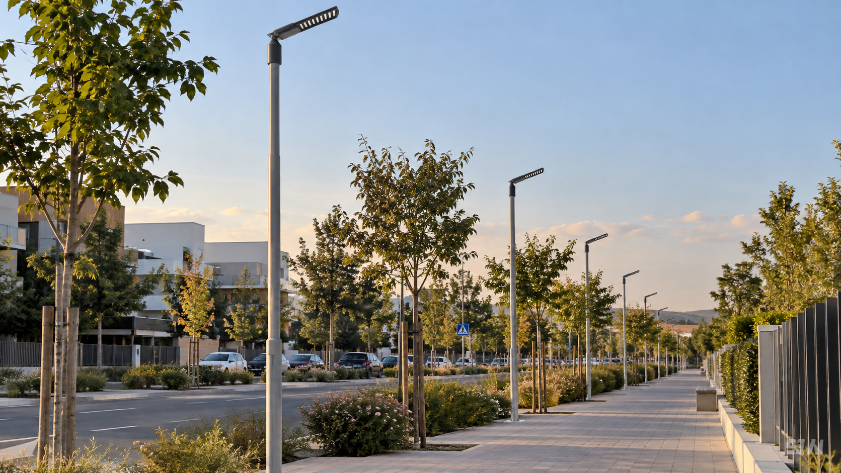 Farola urbana moderna LED para alumbrado público en una avenida
