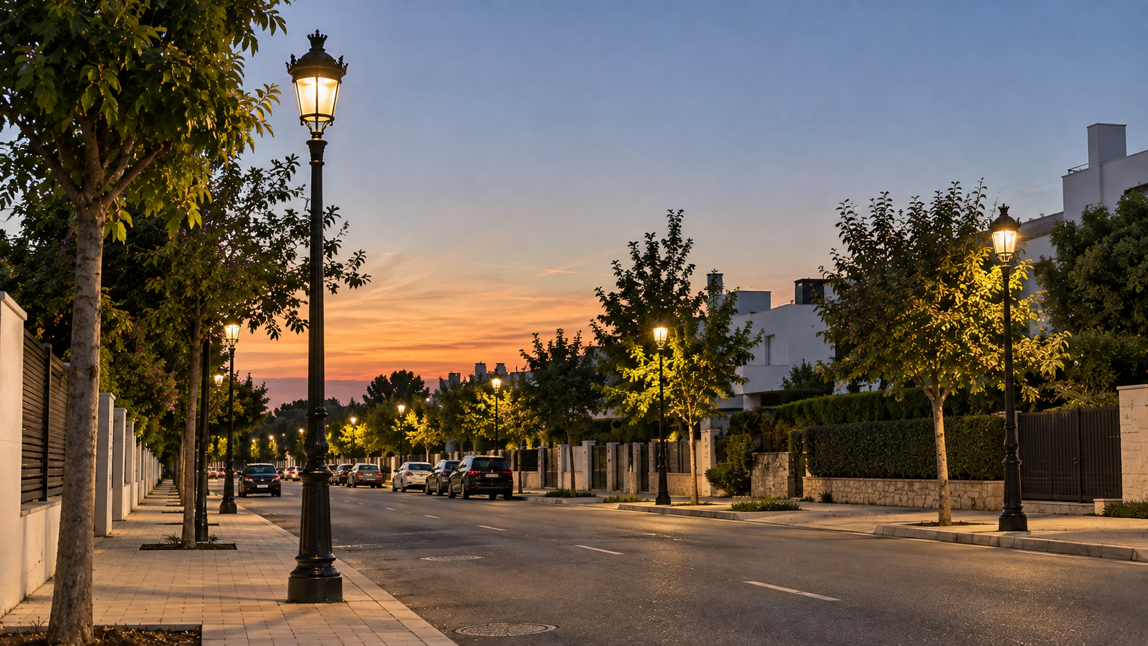 Alumbrado público con farolas clásicas en una calle urbana al atardecer