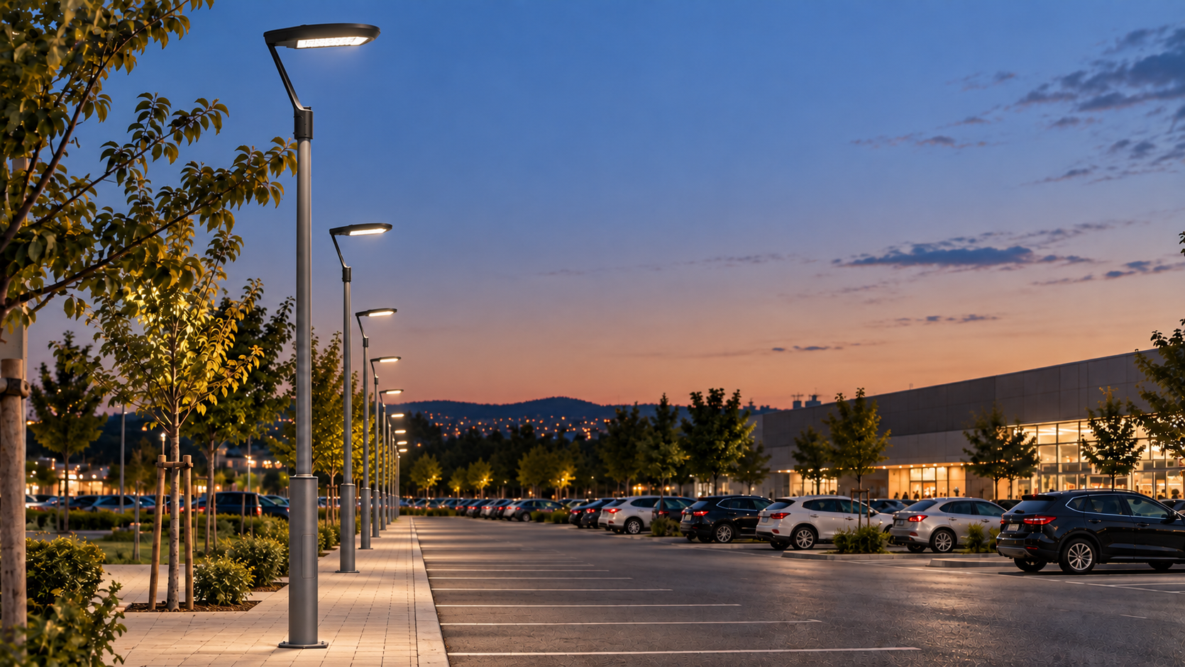 Farolas LED alineadas en aparcamiento exterior al anochecer