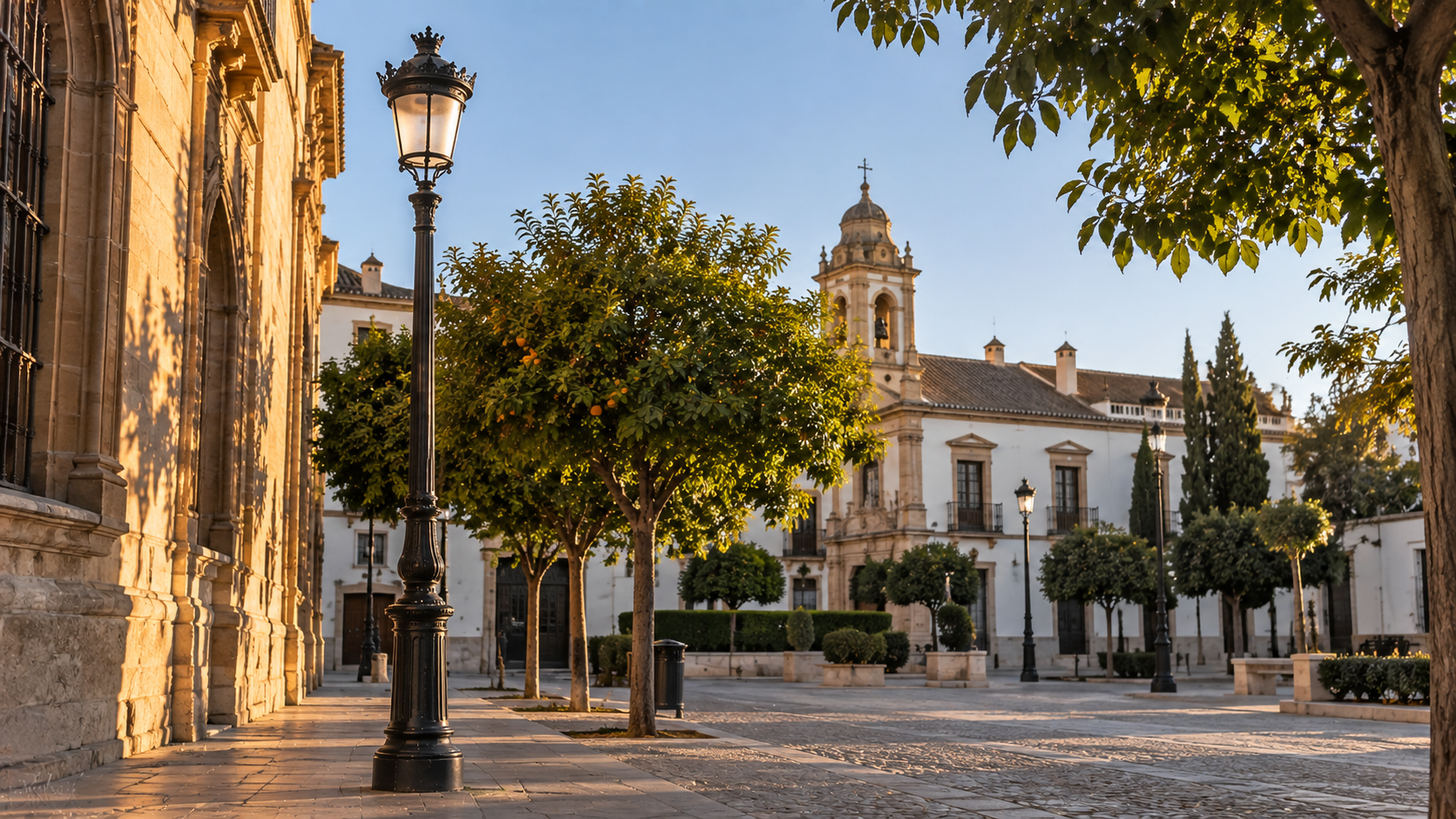 Farola clásica para alumbrado público en una plaza de estilo histórico