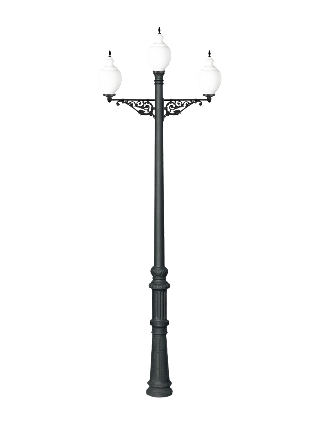 naranjo 04 Farola clásica modelo Naranjo de fundición con tres globos opal para alumbrado urbano