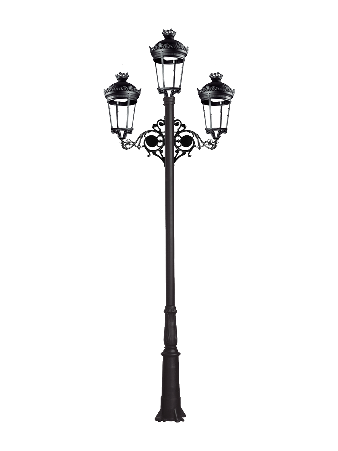 ochocentista 02 Farola clásica Ochocentista de tres brazos con faroles ornamentales de fundición