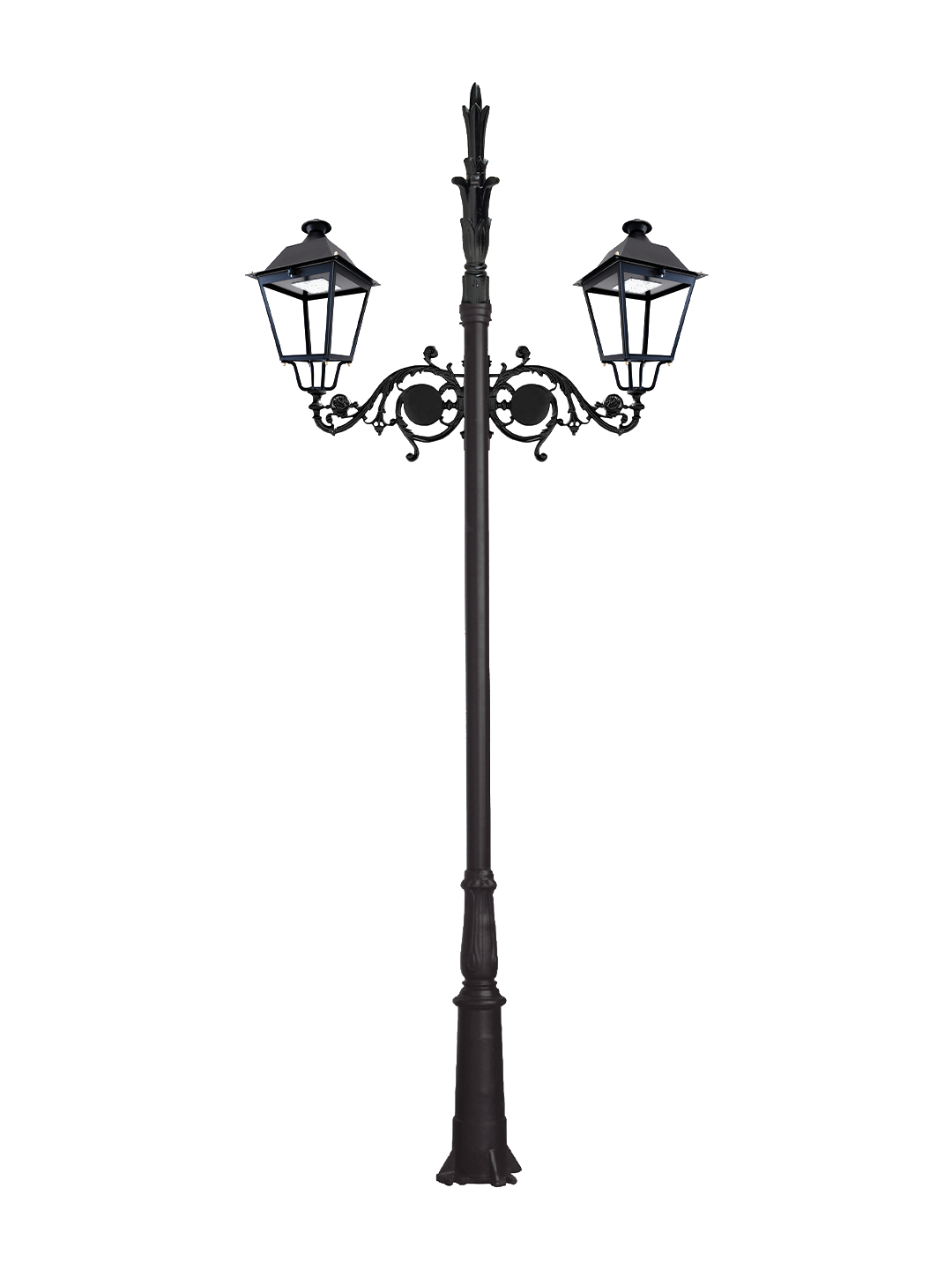 ochocentista 05 Farola histórica Ochocentista con brazos ornamentales y faroles clásicos de fundición