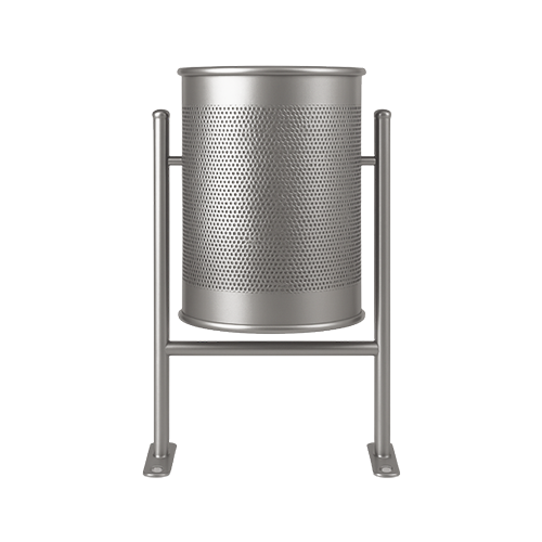 Papelera basculante en acero inoxidable AISI 304 con estructura en “H”, sistema antivuelco y acabado pulido brillante, opcional en gris RAL 7011 o modelo semicircular