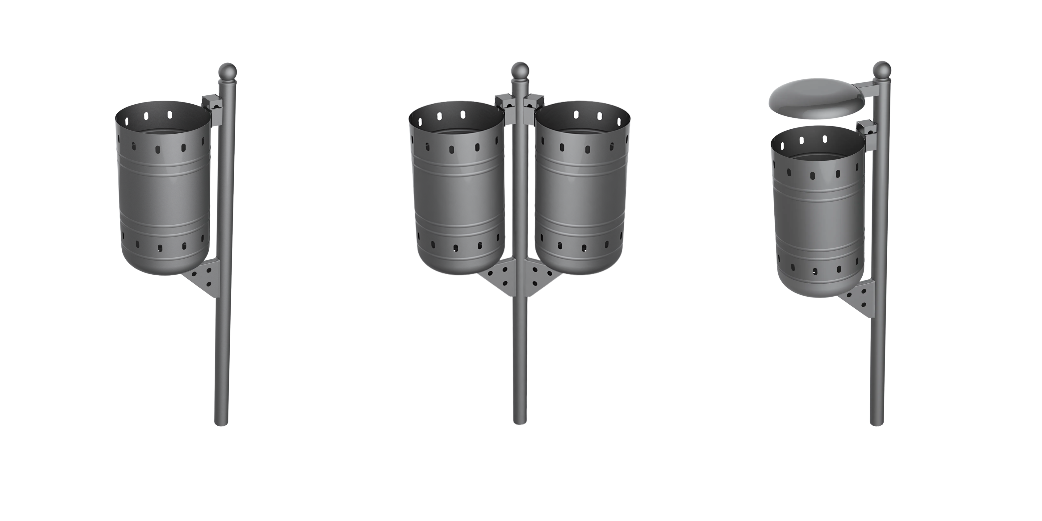 Papelera Canarias de acero galvanizado con cubeta abatible, cierre automático y pintura poliéster negro forja, resistente y apta para exteriores