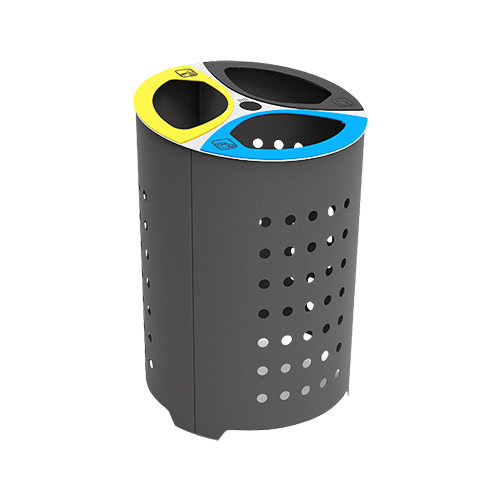 Papelera Dorea urbana de acero perforado con tapa inox y triple compartimento, pintura oxirón negro y sistema antivandálico resistente a exteriores