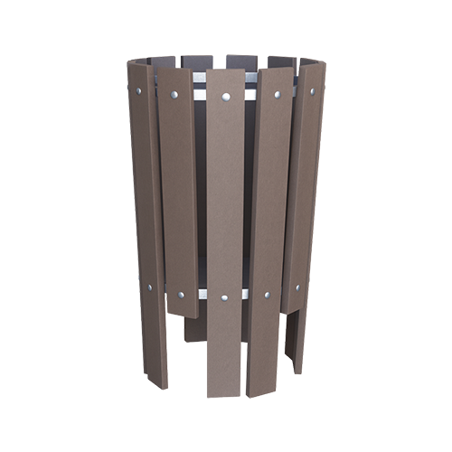 Papelera Ecocircular de madera plástica reciclada WPC con estructura metálica, sostenible, ignífuga y sin mantenimiento, imita madera natural, capacidad 60 o 120 L