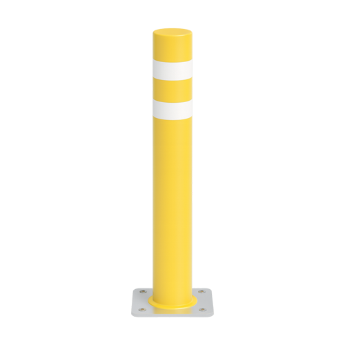 Pilona Eterna de poliuretano amarillo con placa de refuerzo en acero inoxidable y bandas reflectantes para seguridad vial.