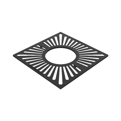 Alcorque geométrico de fundición dúctil con agujero central de 425/450 mm y pintura epoxi negra para entornos urbanos.