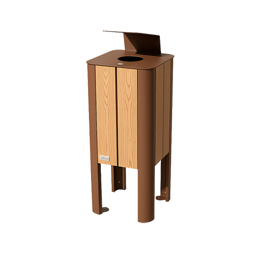 Papelera Olmo de acero corten y madera plástica reciclada WPC, con protector antifúngico e insecticida, tornillería inoxidable y sujetabolsas, capacidad 50 L, resistente a exteriores