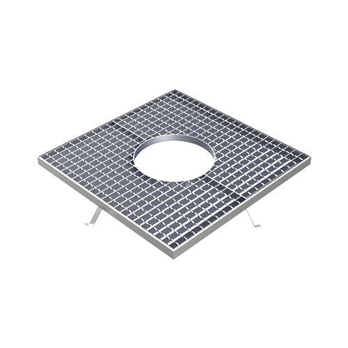 Alcorque Tizona de acero galvanizado con agujero central de 300 mm para entornos urbanos.