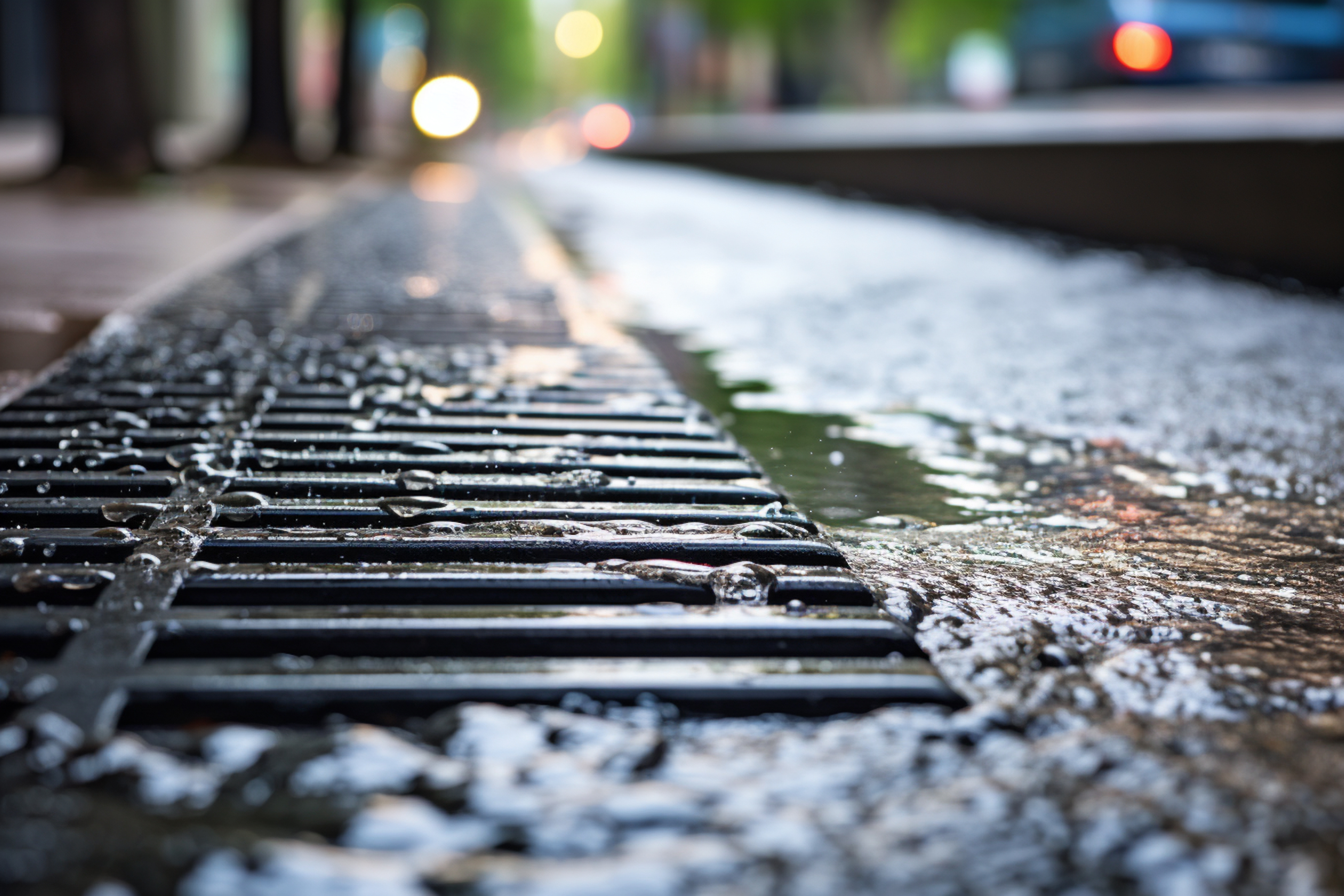 Canal de drenaje lineal con rejilla metálica instalado en una calle asfaltada para la recogida y evacuación de aguas pluviales durante la lluvia