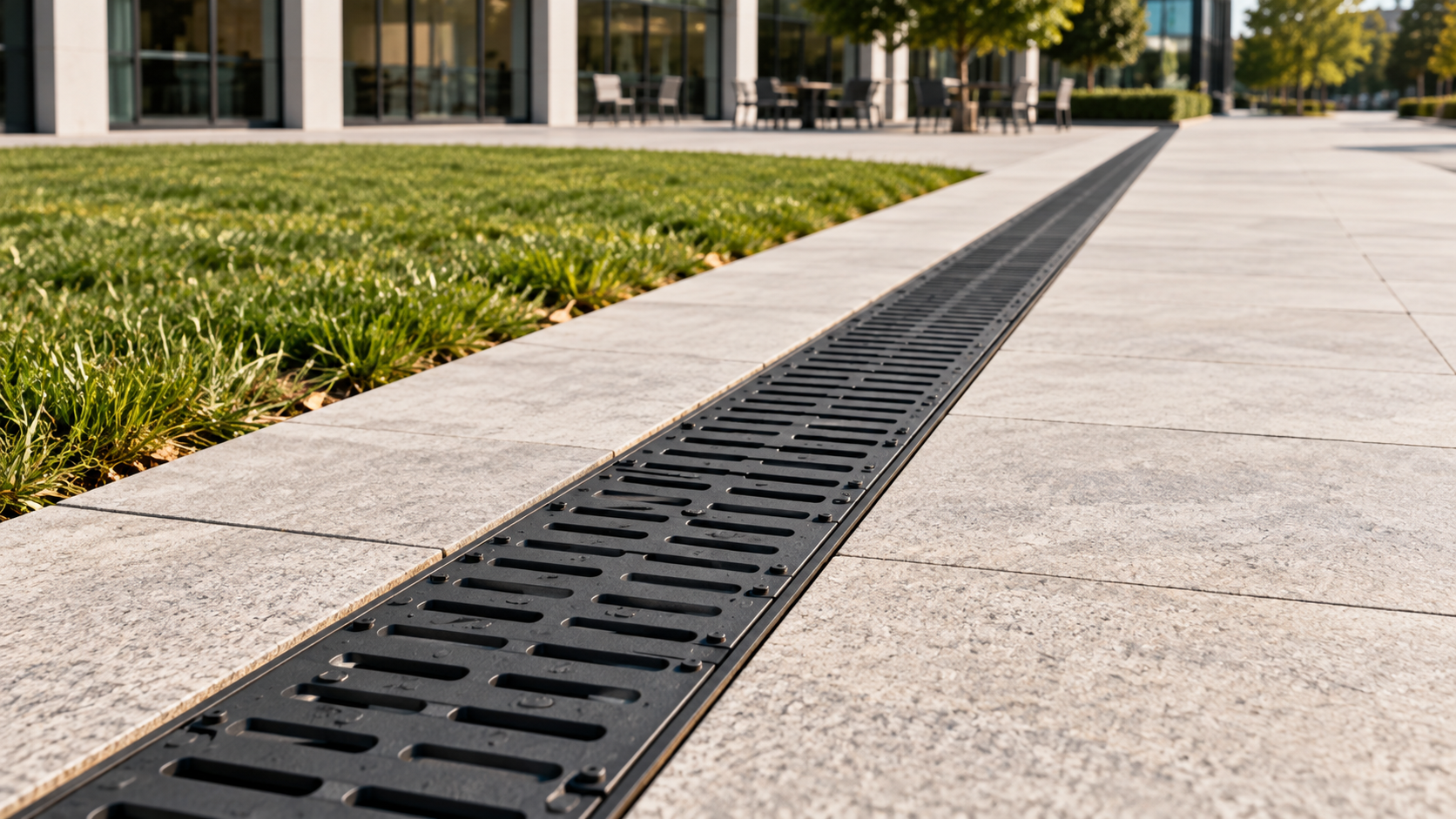 Canal de drenaje lineal con rejilla de fundición negra instalado en una zona peatonal pavimentada junto a un jardín y edificio moderno