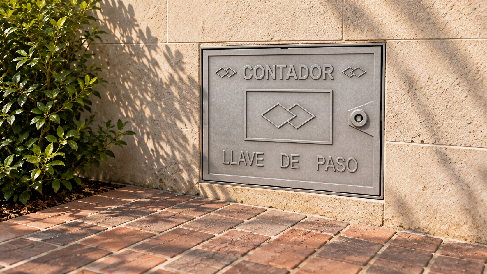 Registro de acometida para contador y llave de paso instalado en fachada de piedra, utilizado para proteger y facilitar el acceso a instalaciones de suministro de agua