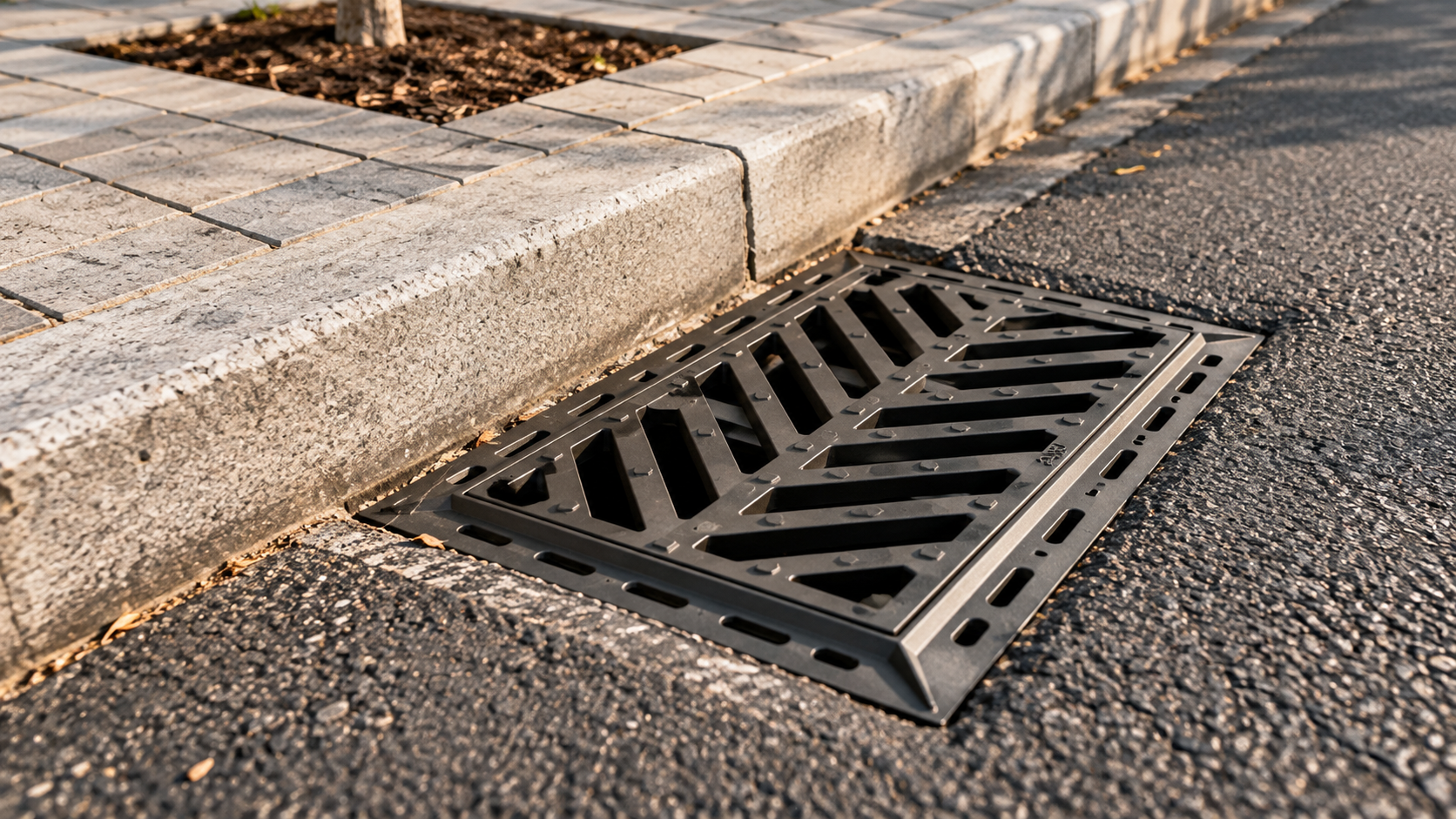 Rejilla imbornal de fundición C250 instalada junto al bordillo de una carretera asfaltada para la recogida de aguas pluviales