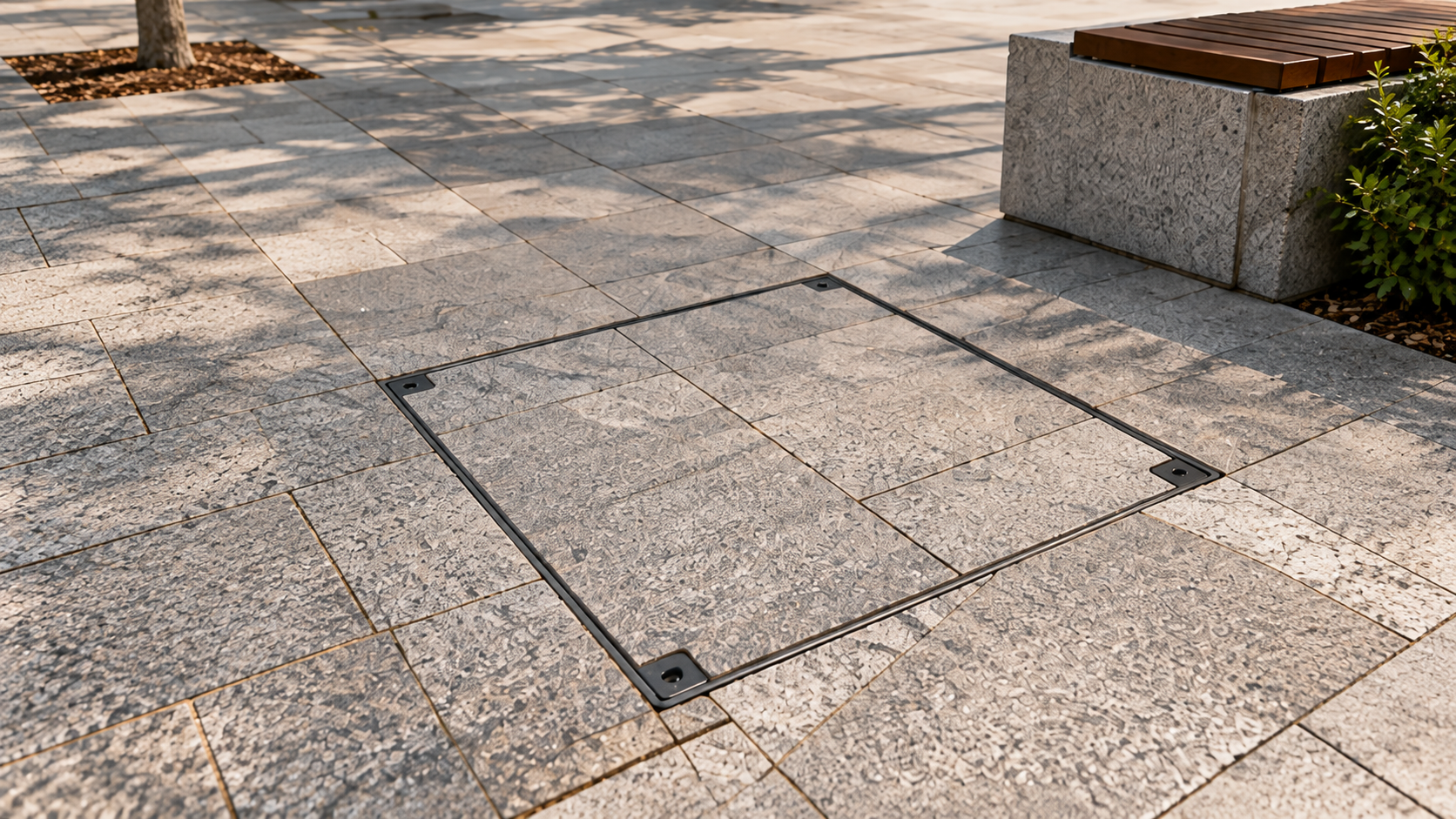 Tapa rellenable para arqueta integrada en pavimento de piedra natural en una plaza urbana con zona peatonal