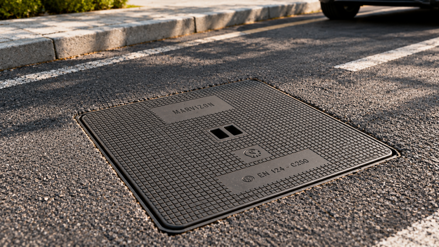 Tapa de arqueta cuadrada de fundición MARVIZON instalada en una carretera asfaltada para acceso a la red de alcantarillado