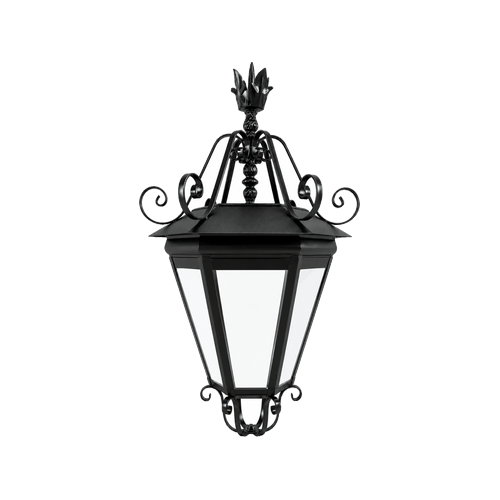 Farol Hexagonal de acero al carbono con cuerpo acristalado y remates de volutas para alumbrado público