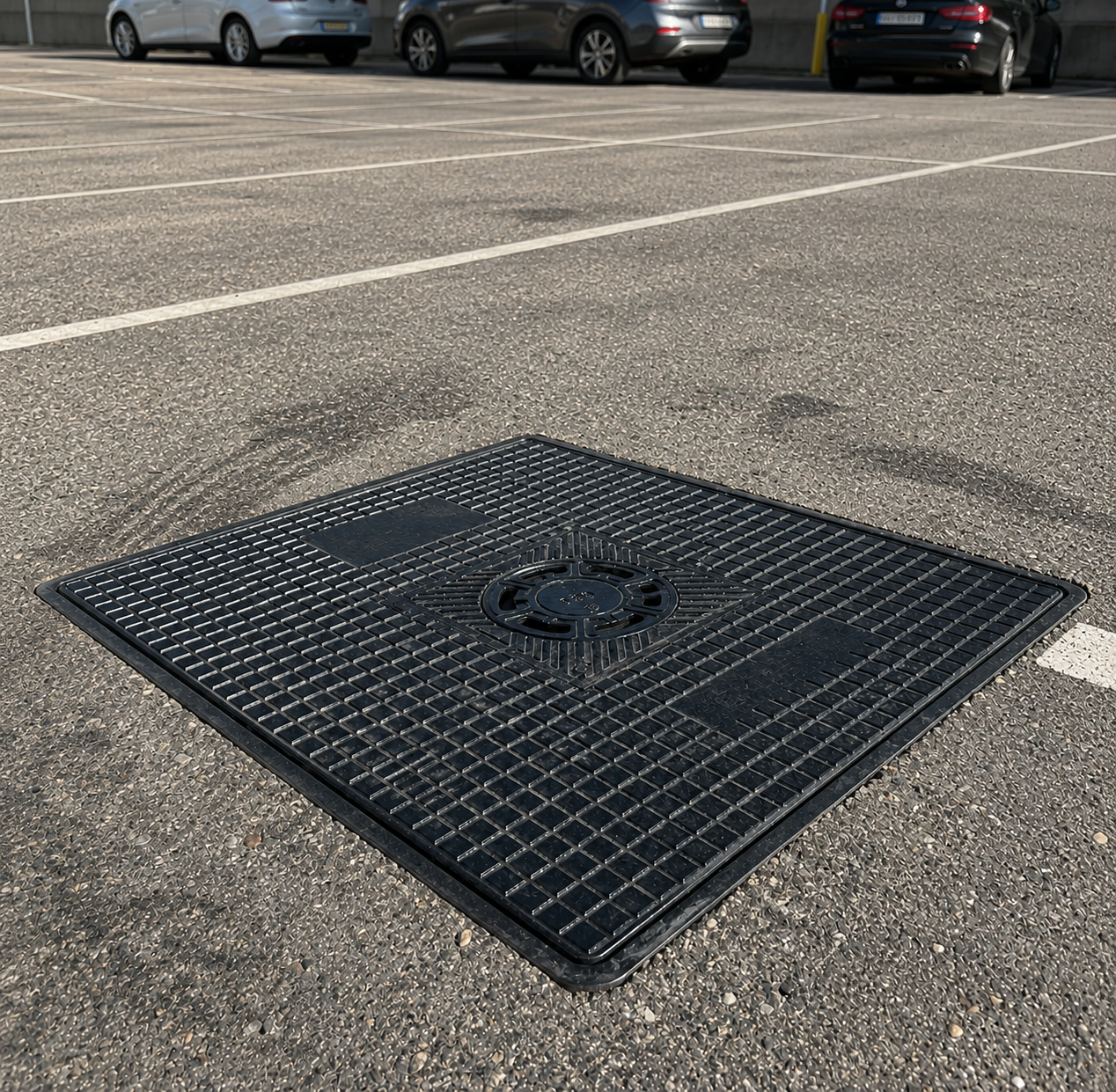 Tapa de arqueta con sumidero sifónico instalada en el suelo de un aparcamiento exterior de asfalto