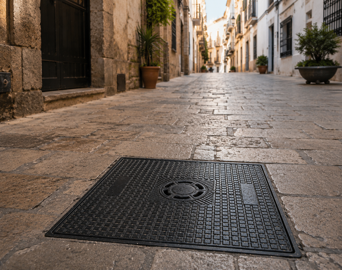Tapa de arqueta con sumidero sifónico integrada en el pavimento de una calle de casco histórico