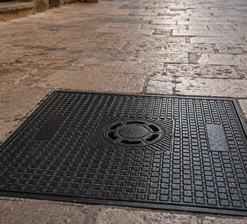 Tapa de arqueta con sumidero sifónico instalada en el pavimento de una calle peatonal de casco histórico