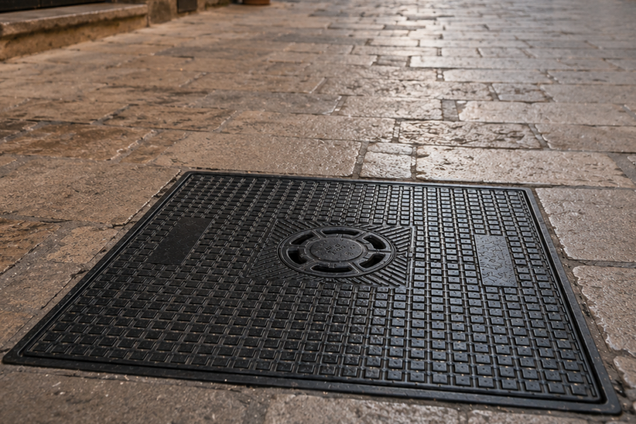 Tapa de arqueta con sumidero sifónico instalada en el pavimento de una calle peatonal de casco histórico