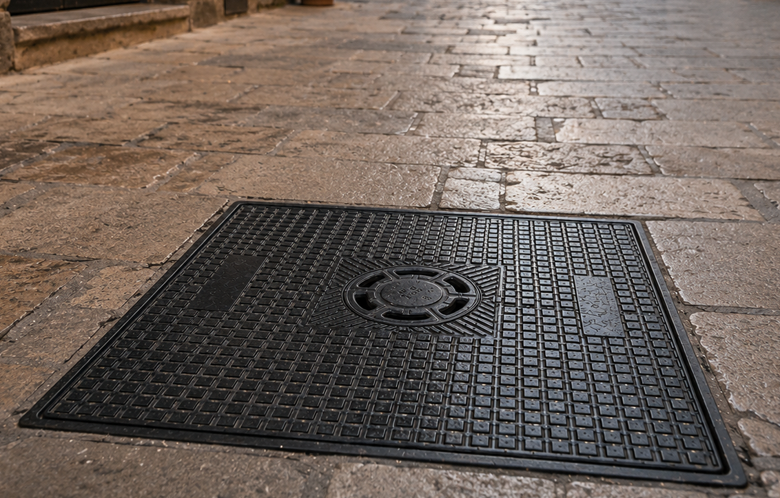 Tapa de arqueta con sumidero sifónico instalada en el pavimento de una calle peatonal de casco histórico