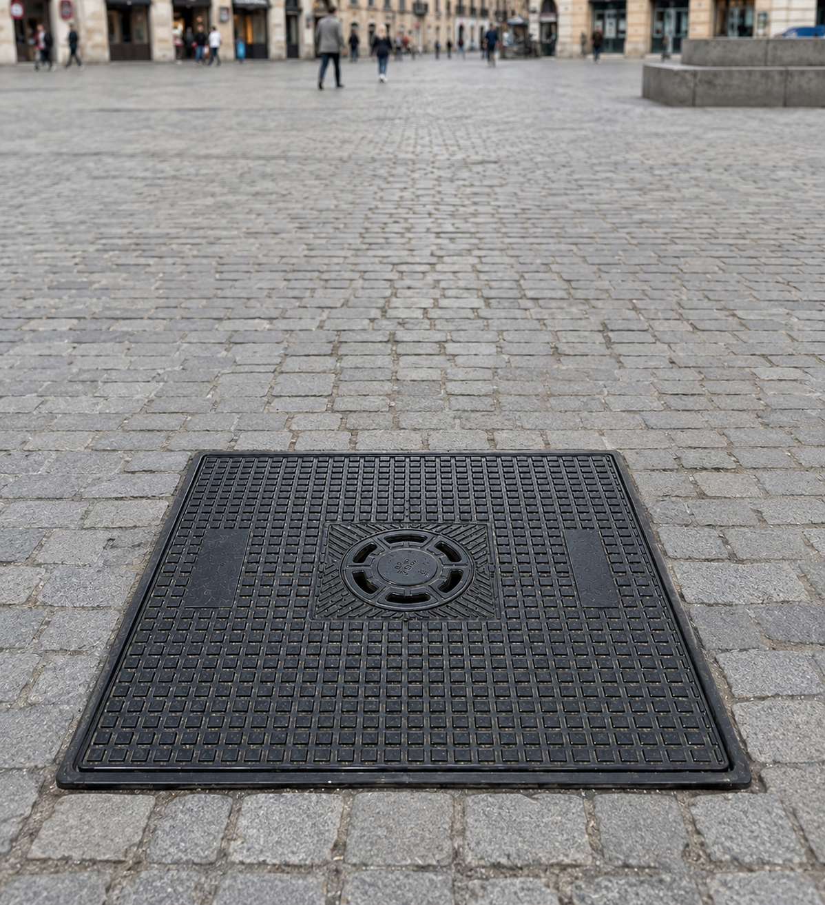 Tapa de arqueta con sumidero sifónico instalada en el pavimento empedrado de una plaza pública urbana