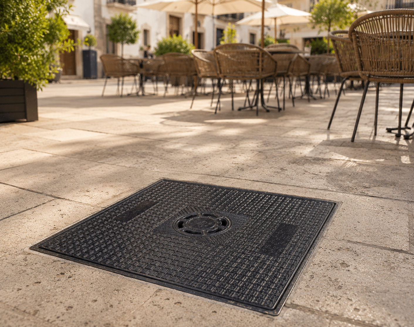Tapa de arqueta con sumidero sifónico instalada en el suelo de una terraza de bar o restaurante